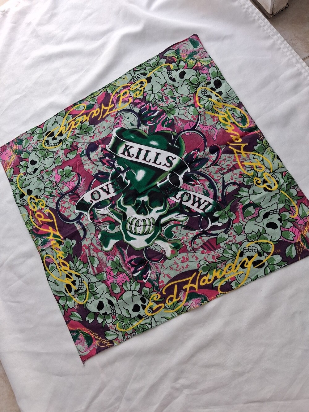 Ed Hardy Vintage " Love Kills Slowly" Green, Pink, Yellow Skull Bandana Scarf